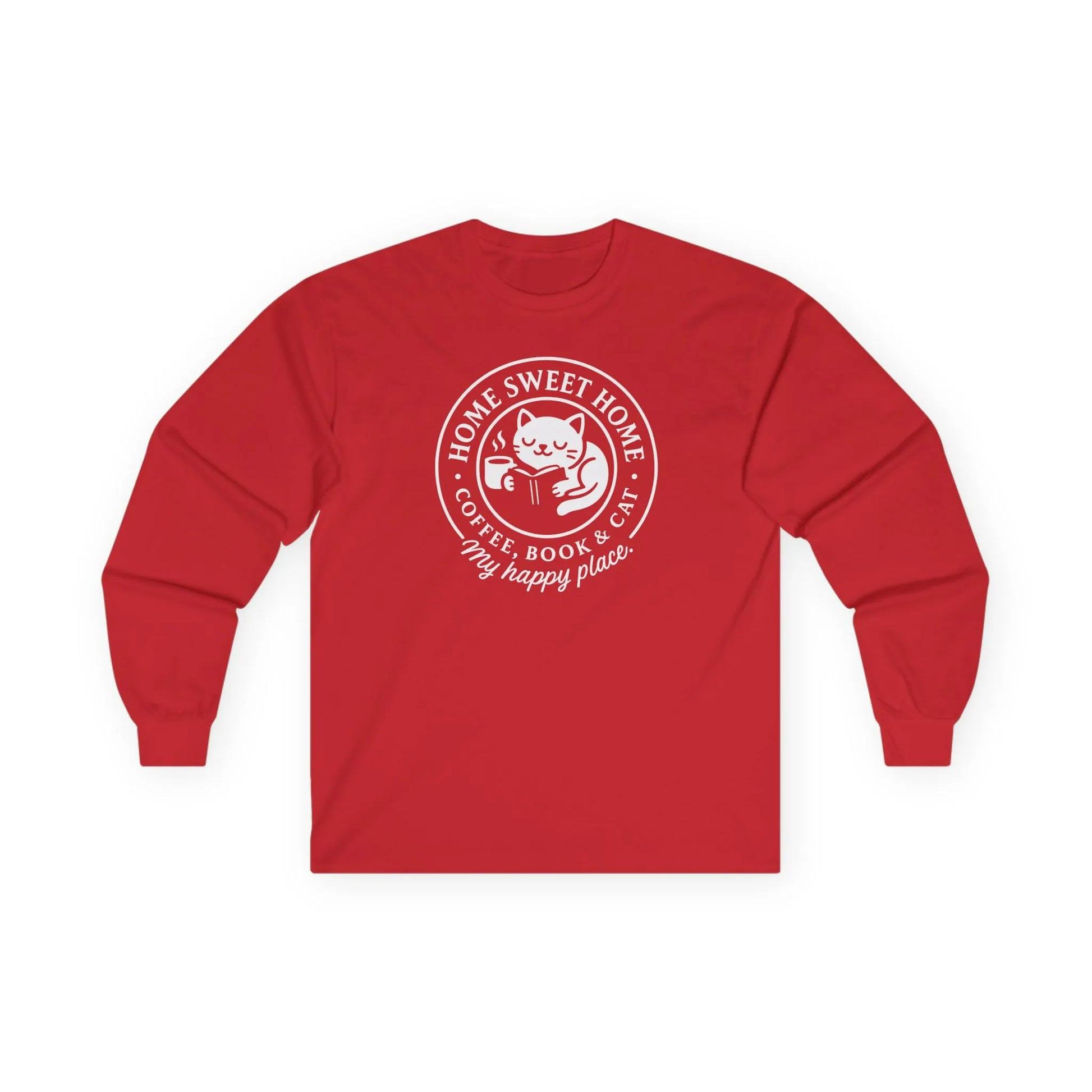 Cozy Cat Haven Long Sleeve, red shirt with a cat, coffee, and text saying 'my happy place,' perfect gift for book lovers.