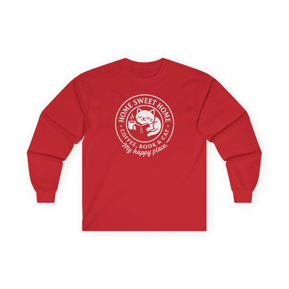 Cozy Cat Haven Long Sleeve, red shirt with a cat, coffee, and text saying 'my happy place,' perfect gift for book lovers.