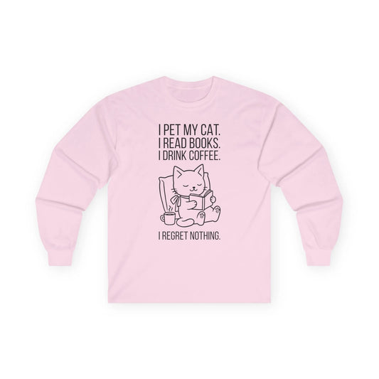 Cat. Books. Coffee. Long Sleeve. Pink long sleeve shirt featuring a playful cat design and cozy reading theme.