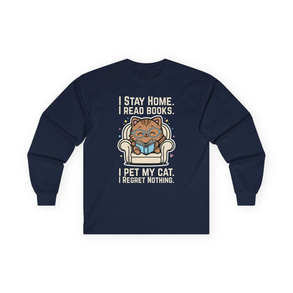 Starry Cat Reader Long Sleeve featuring a cute cat reading, text: 'I stay home, I read books, I pet my cat, I regret nothing.' Perfect for book lovers.