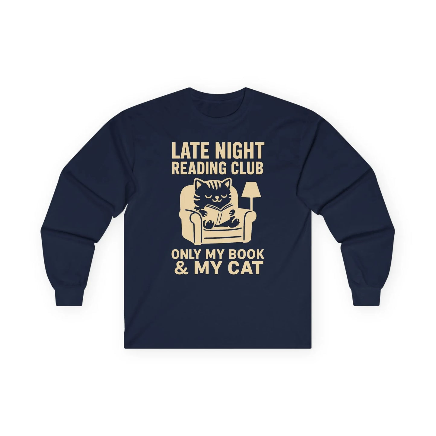 Late Night Reading Club shirt featuring a cozy cat on an armchair, perfect for book lovers and a funny gift for readers.