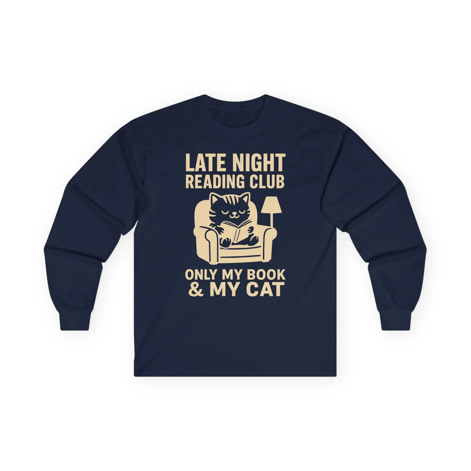 Late Night Reading Club shirt featuring a cozy cat on an armchair, perfect for book lovers and a funny gift for readers.