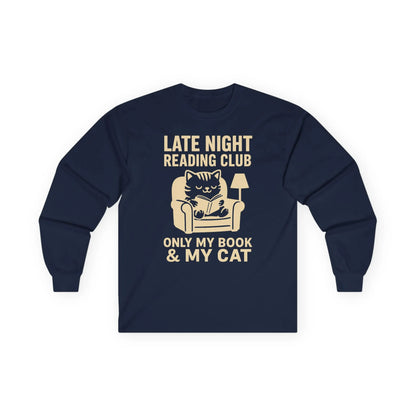 Late Night Reading Club shirt featuring a cozy cat on an armchair, perfect for book lovers and a funny gift for readers.