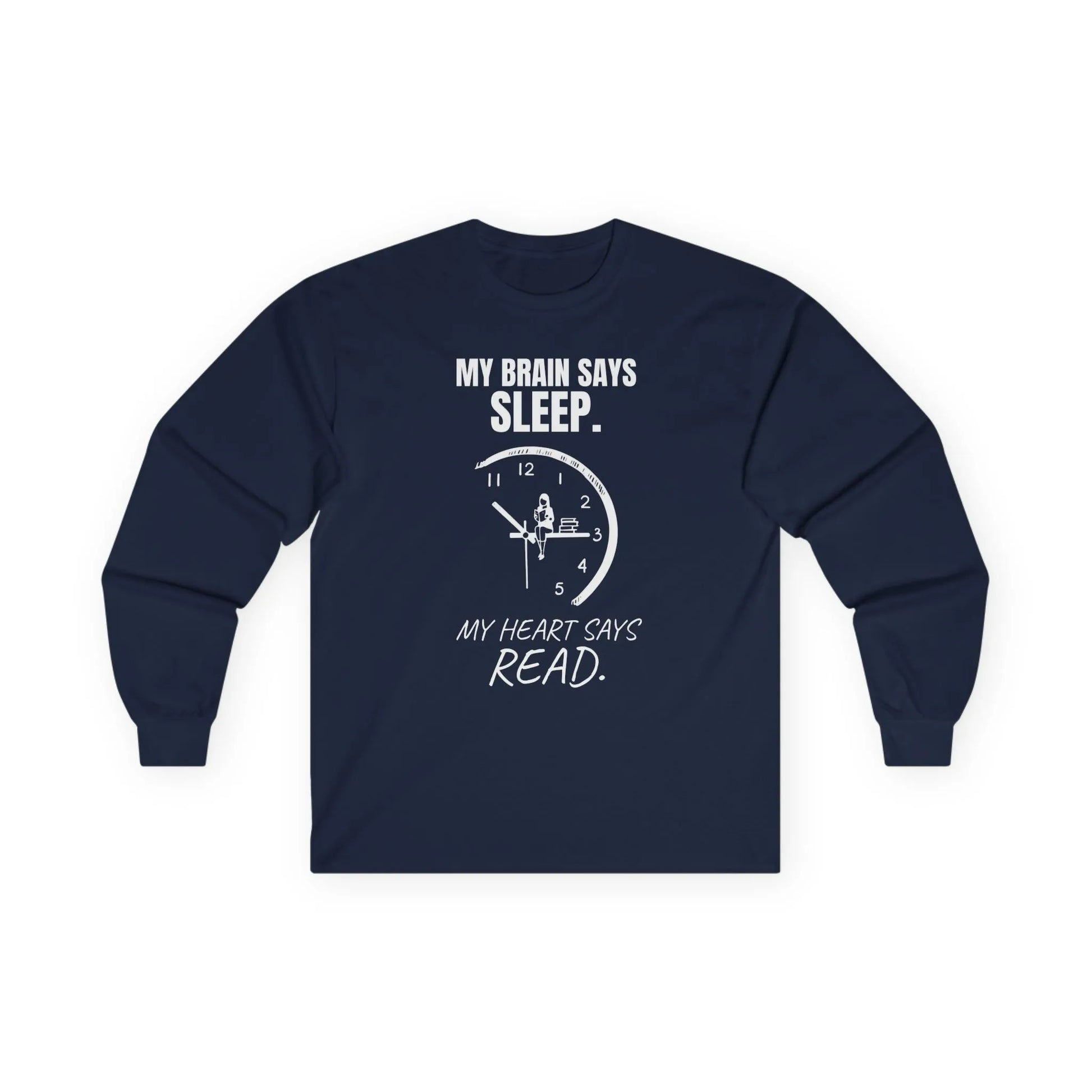 Brain vs. Books Long Sleeve tee, featuring a witty clock design and quote about reading vs. sleep, perfect for book lovers.