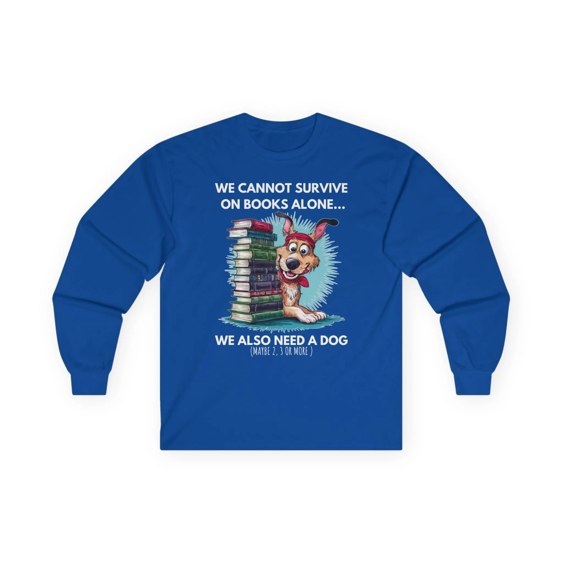 Books & Dogs, Perfect Combo Long Sleeve features a playful dog with books, ideal for book lovers and cozy reading.
