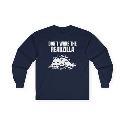 Readzilla Nap Mode Long Sleeve features a sleepy dinosaur and the text 'Don't Wake the Readzilla' in cozy design.