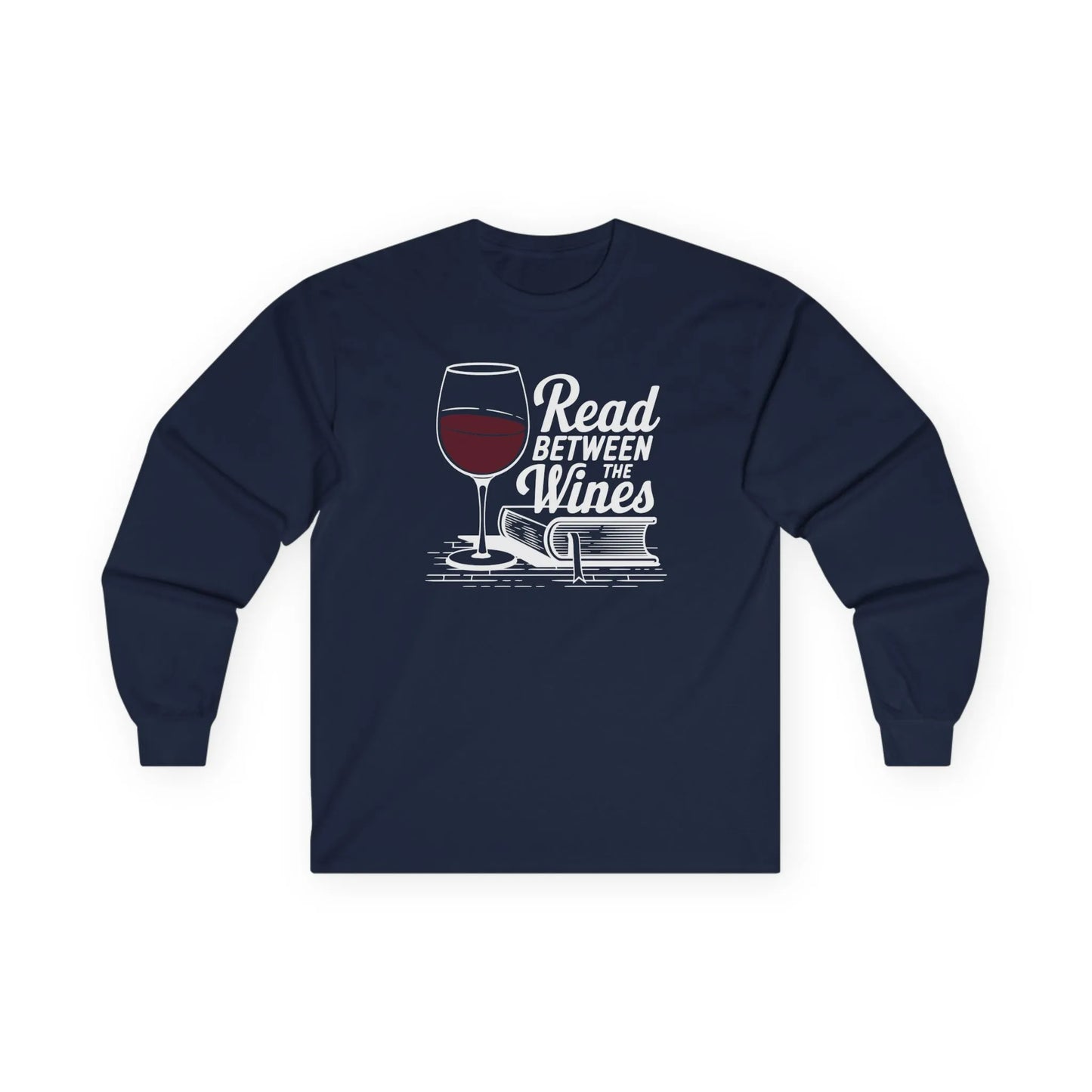 Read Between the Wines Long Sleeve black long sleeve shirt featuring a wine glass and book illustration for book lovers.