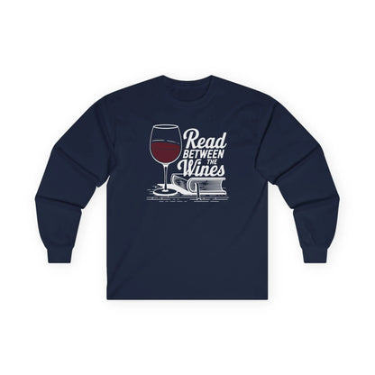 Read Between the Wines Long Sleeve black long sleeve shirt featuring a wine glass and book illustration for book lovers.