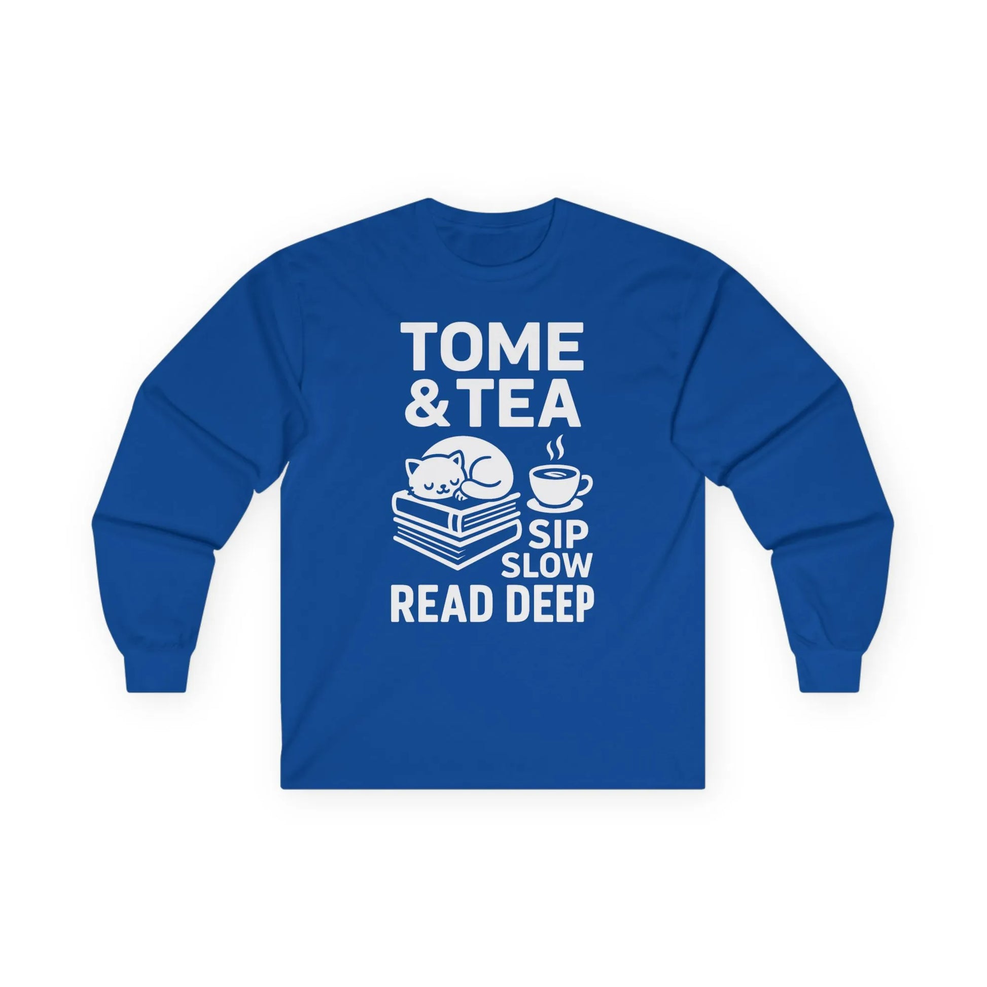 Cozy blue long sleeve tee with a cat, books, and "Tome & Tea. Sip Slow. Read Deep" for book lovers.