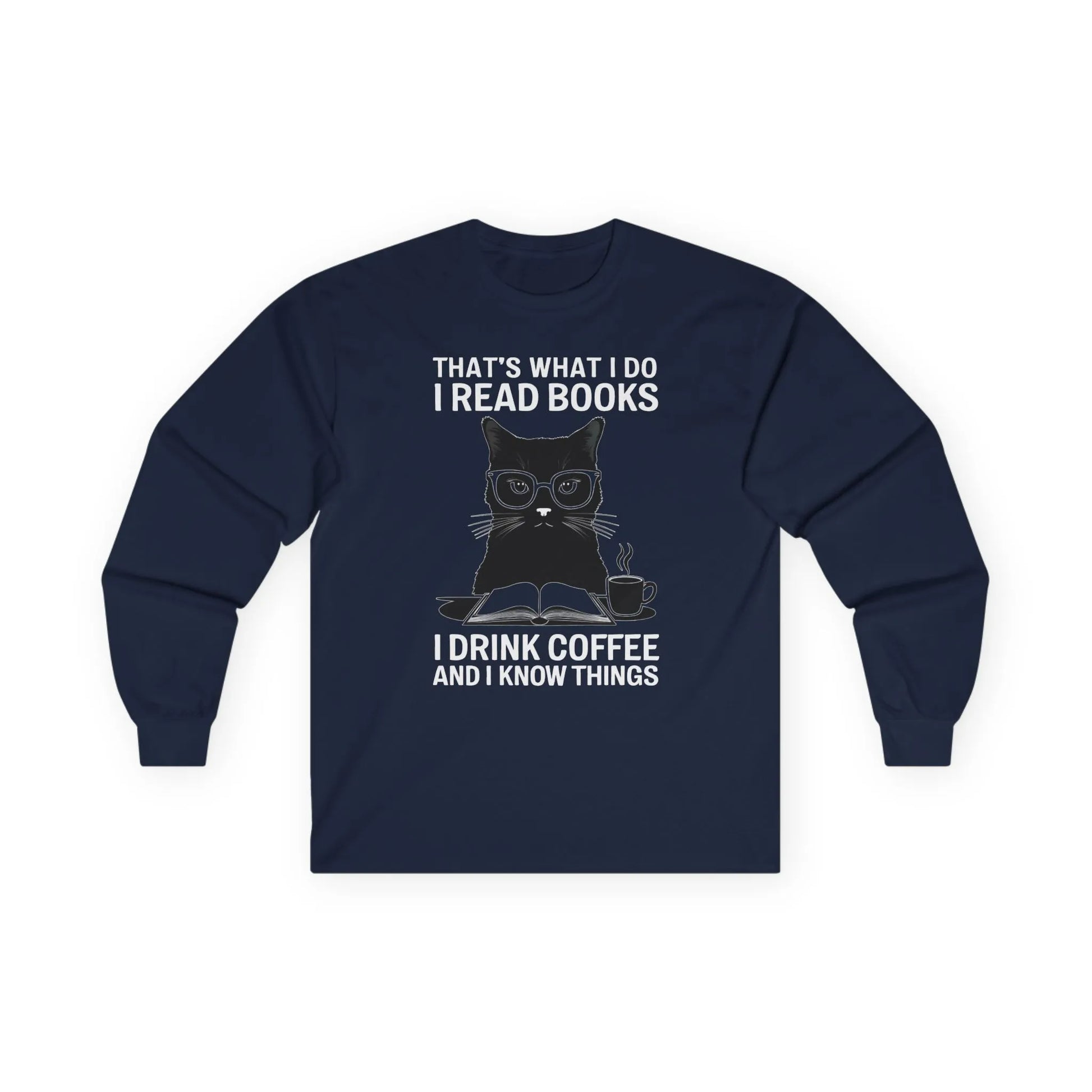 Coffee & Cat Wisdom Long Sleeve featuring a witty cat illustration with glasses and text about reading and coffee.