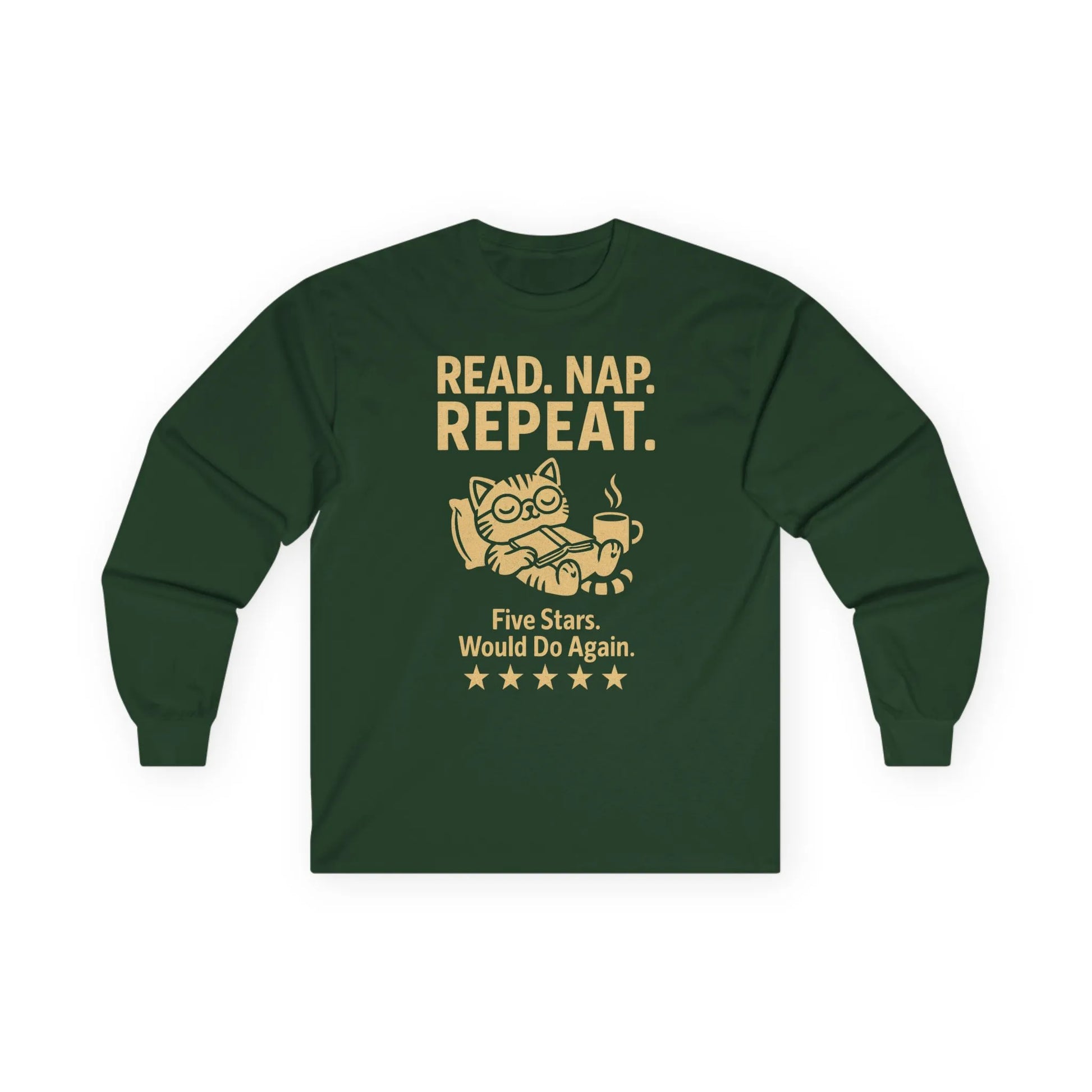 READ. NAP. REPEAT. Long Sleeve shirt with a cozy cat, coffee, and five-star text, perfect for book lovers and gifts for readers.