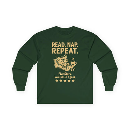 READ. NAP. REPEAT. Long Sleeve shirt with a cozy cat, coffee, and five-star text, perfect for book lovers and gifts for readers.