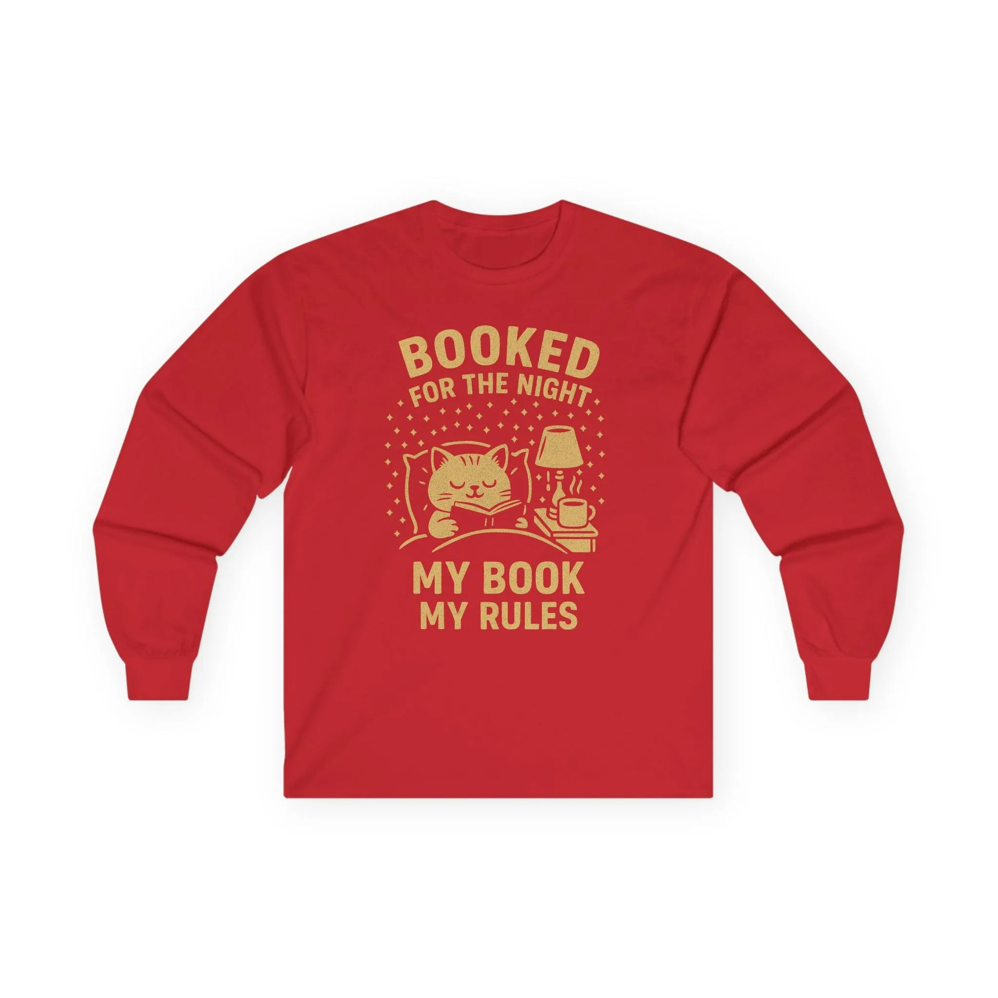 Red long sleeve shirt with a cat, book, and lamp design, saying 'Booked for the Night, My Book My Rules' for cozy book lovers.