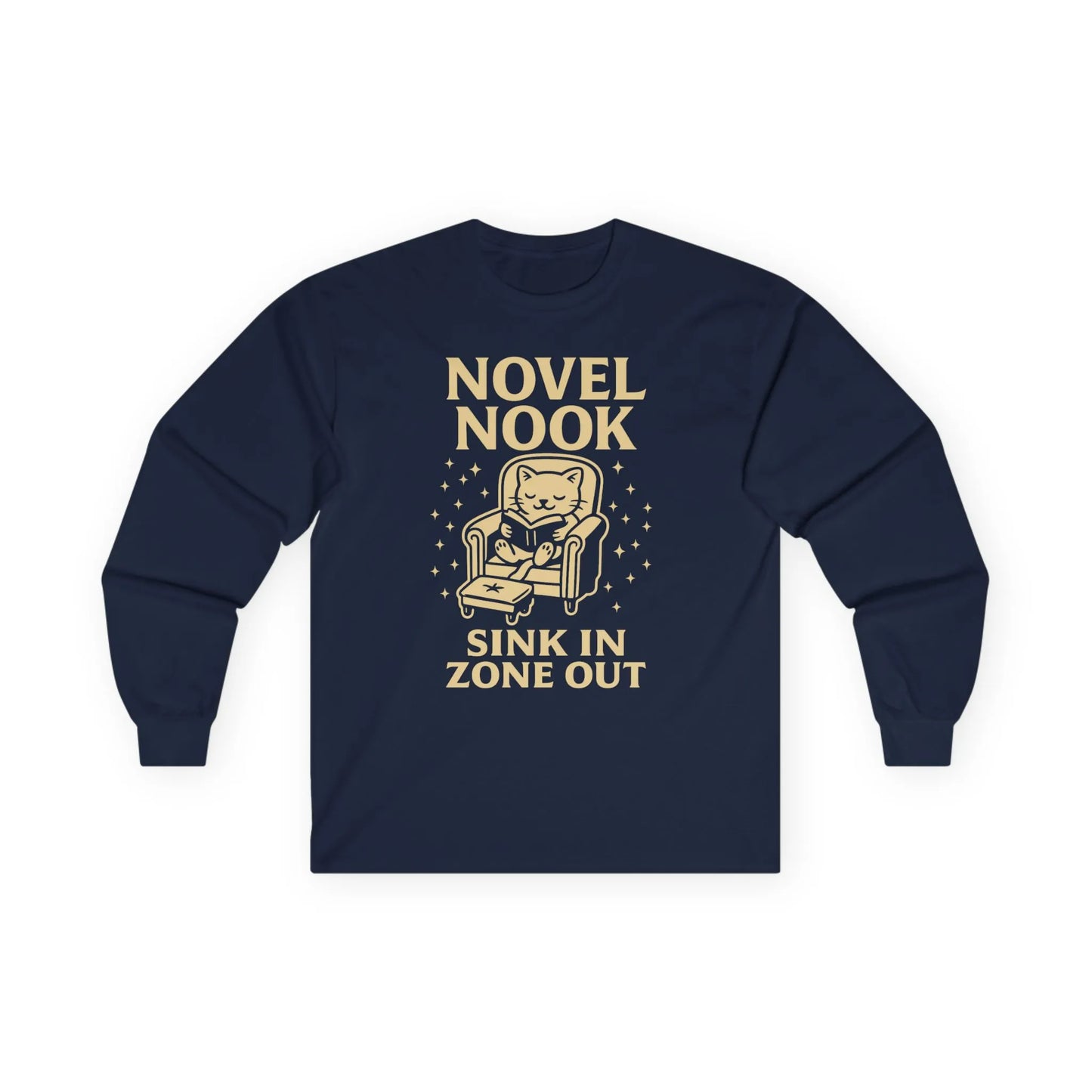 Cozy Novel Nook Long Sleeve shirt with a cat in an armchair, saying 'Sink In Zone Out'—the perfect gift for book lovers!