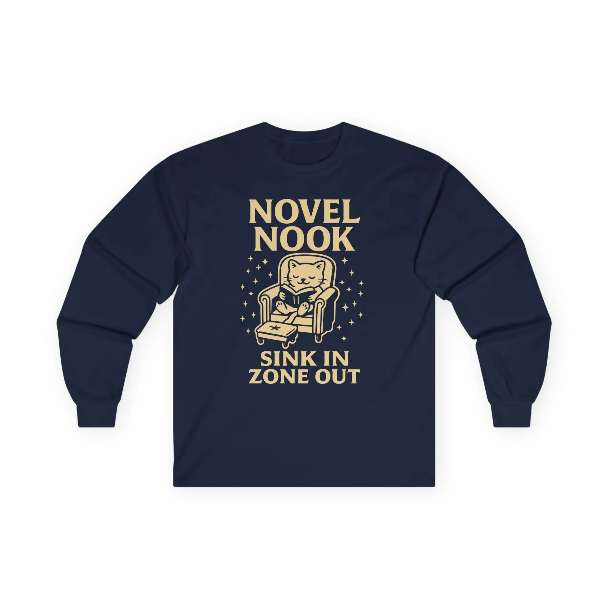 Cozy Novel Nook Long Sleeve shirt with a cat in an armchair, saying 'Sink In Zone Out'—the perfect gift for book lovers!