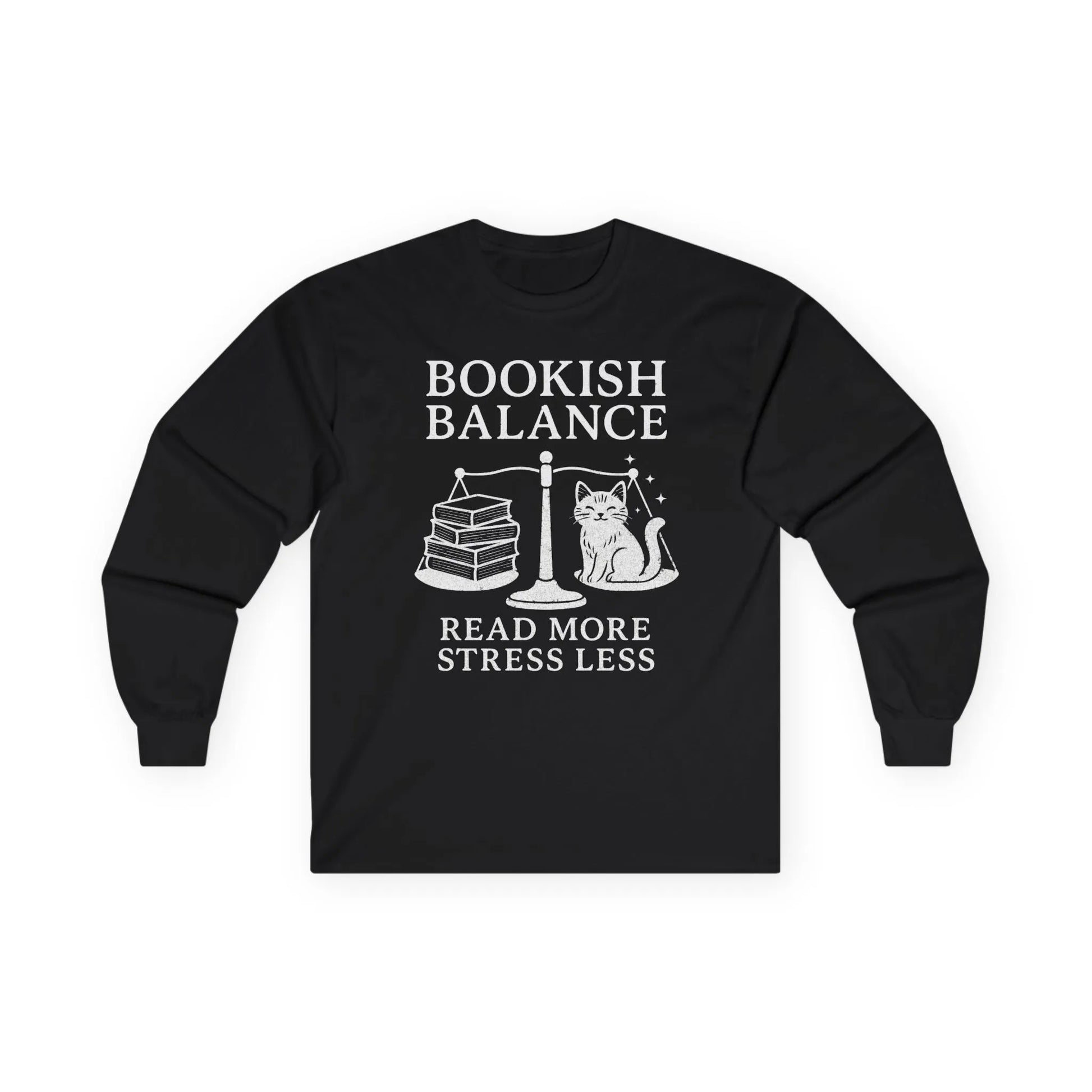 Bookish Balance Long Sleeve features a cat and books on a scale with text: 'Read More Stress Less'. Perfect gift for book lovers!