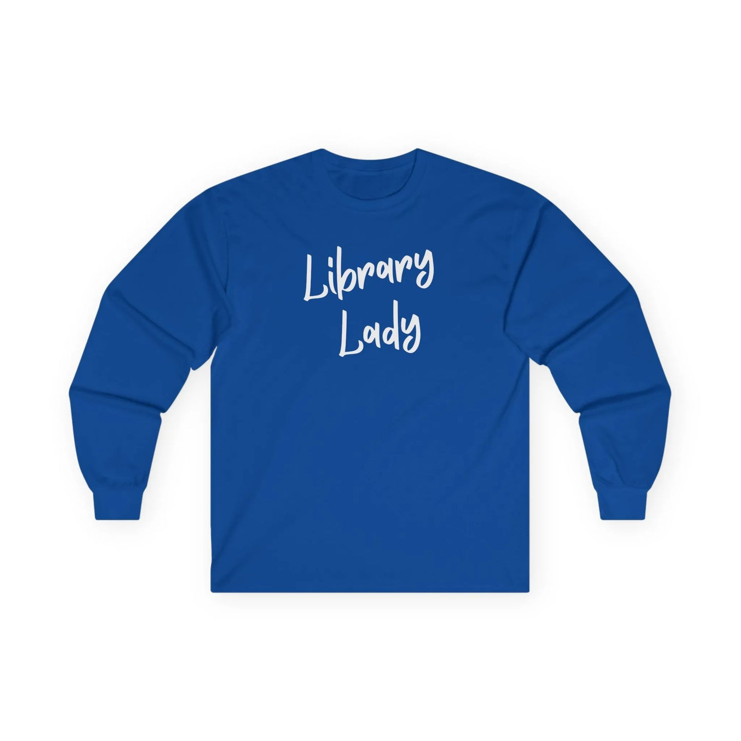 Library Lady Long Sleeve in vibrant blue featuring a cozy reading design, perfect for book lovers and gifts for readers.