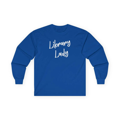 Library Lady Long Sleeve in vibrant blue featuring a cozy reading design, perfect for book lovers and gifts for readers.