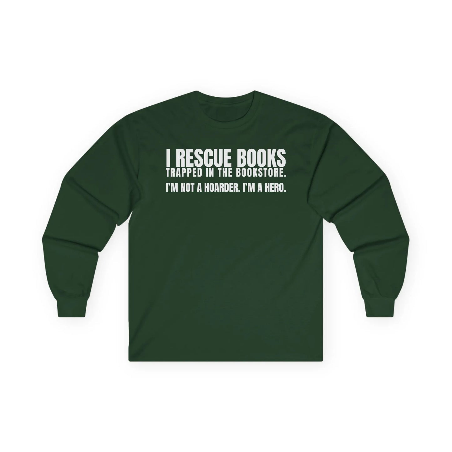 I Rescue Books long sleeve shirt with witty text for book lovers, perfect gift for readers who adore books, cats, coffee.