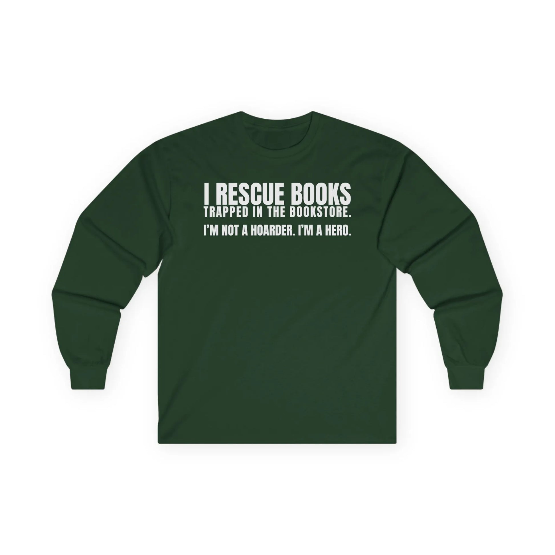 I Rescue Books long sleeve shirt with witty text for book lovers, perfect gift for readers who adore books, cats, coffee.