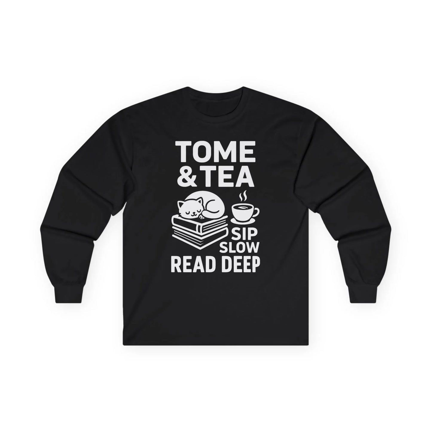 Cute cat on books with "Tome & Tea. Sip Slow. Read Deep" – perfect book lover shirt for cozy reading moments.