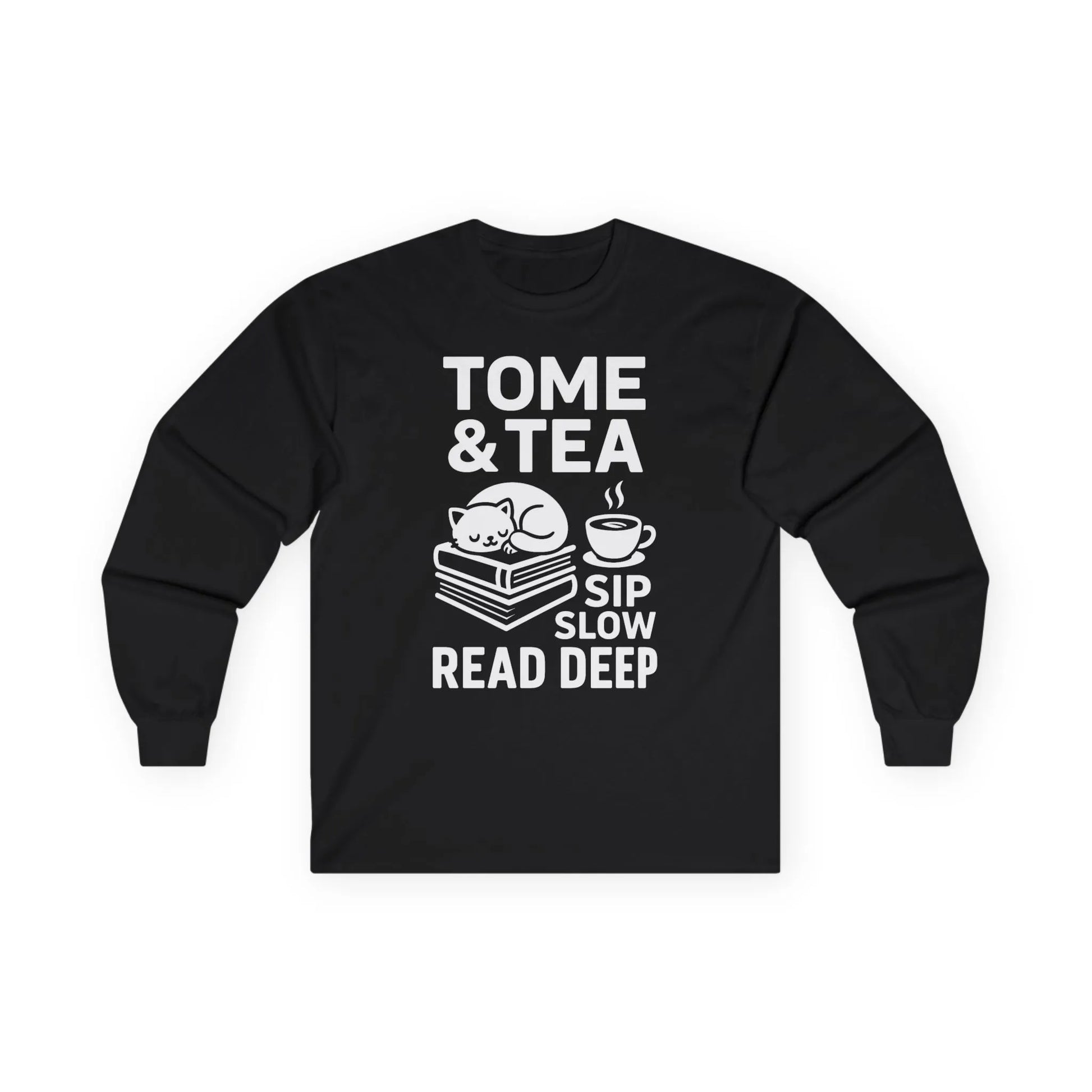 Cute cat on books with "Tome & Tea. Sip Slow. Read Deep" – perfect book lover shirt for cozy reading moments.
