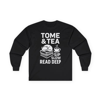 Cute cat on books with "Tome & Tea. Sip Slow. Read Deep" – perfect book lover shirt for cozy reading moments.