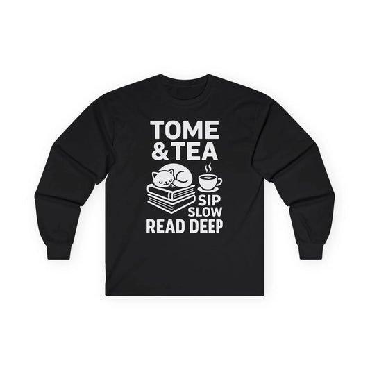 Cute cat on books with "Tome & Tea. Sip Slow. Read Deep" – perfect book lover shirt for cozy reading moments.
