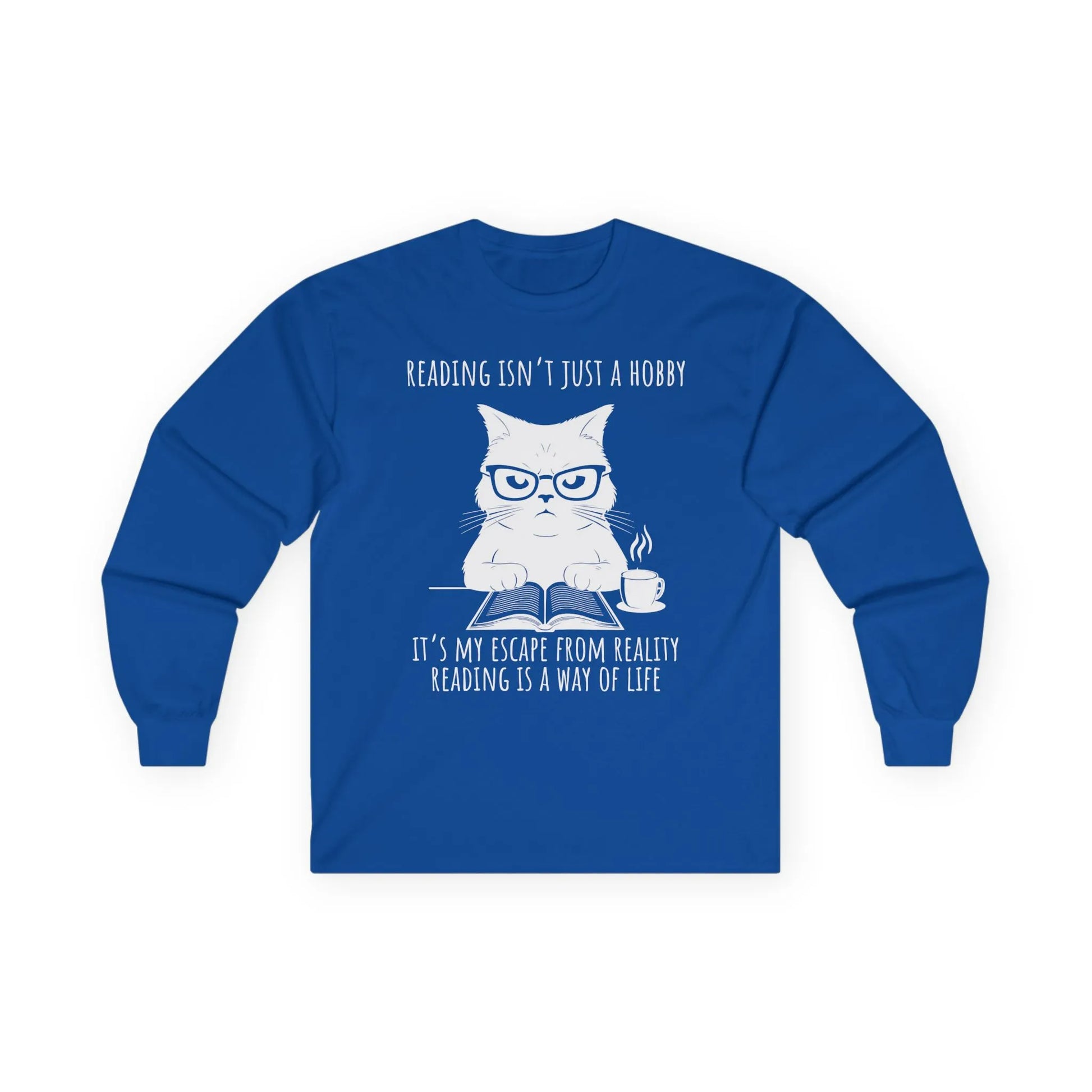 Funny reading tee featuring a serious cat in glasses with a book and coffee, celebrating reading as a way of life.