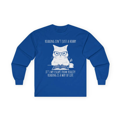 Funny reading tee featuring a serious cat in glasses with a book and coffee, celebrating reading as a way of life.