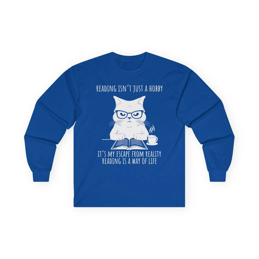 Funny reading tee featuring a serious cat in glasses with a book and coffee, celebrating reading as a way of life.