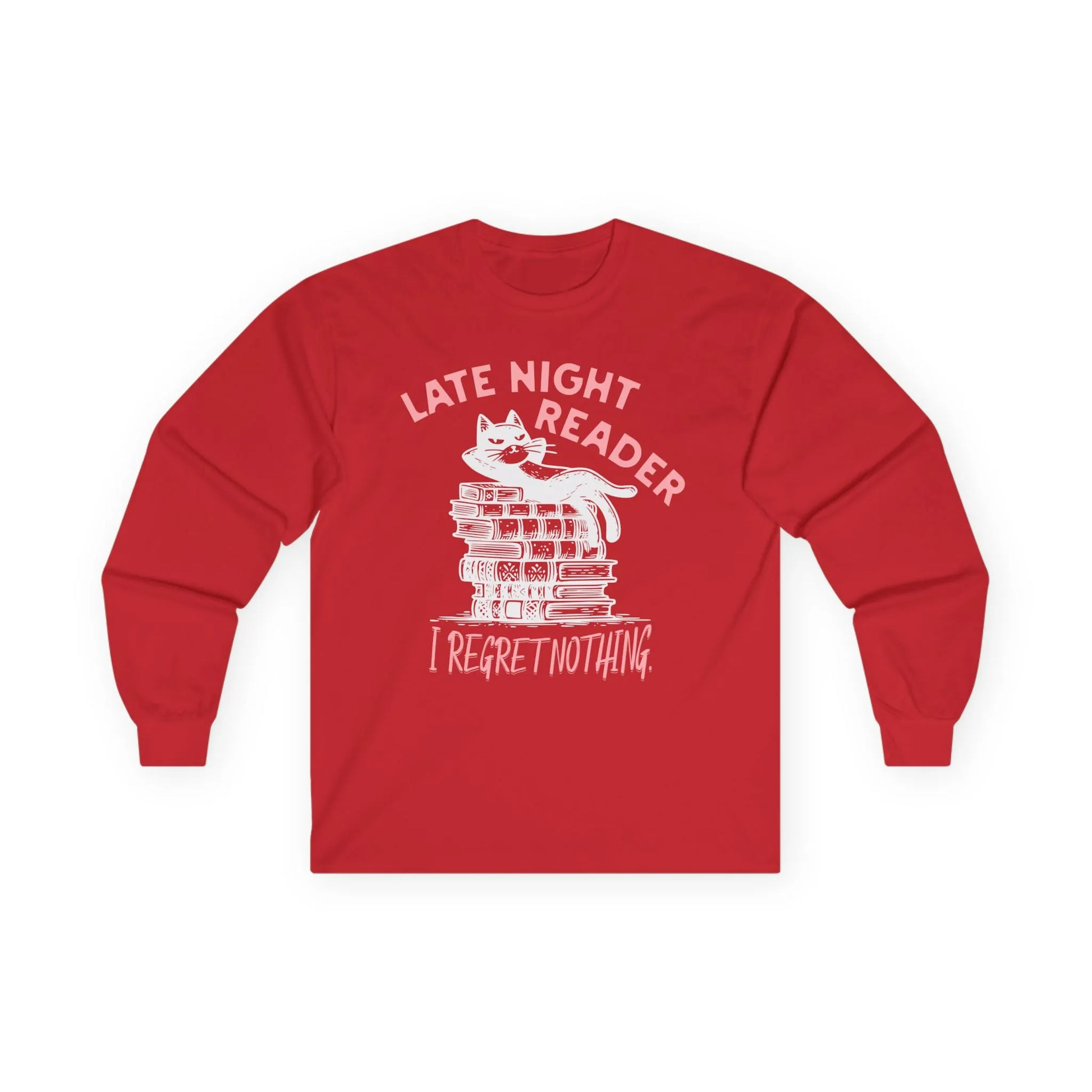 Cozy Late Night Reader Long Sleeve shirt with a cat on books and the text 'I Regret Nothing'—perfect for book lovers.