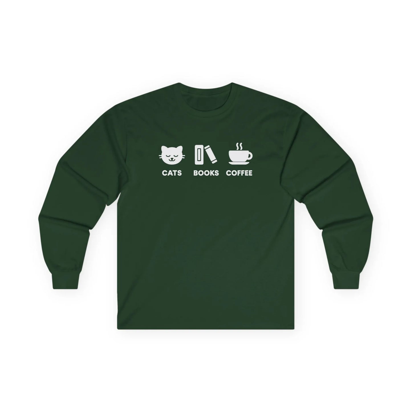 Holy Trinity Long Sleeve in dark green featuring icons: cat, book, and coffee for cozy reading moments.