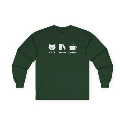 Holy Trinity Long Sleeve in dark green featuring icons: cat, book, and coffee for cozy reading moments.