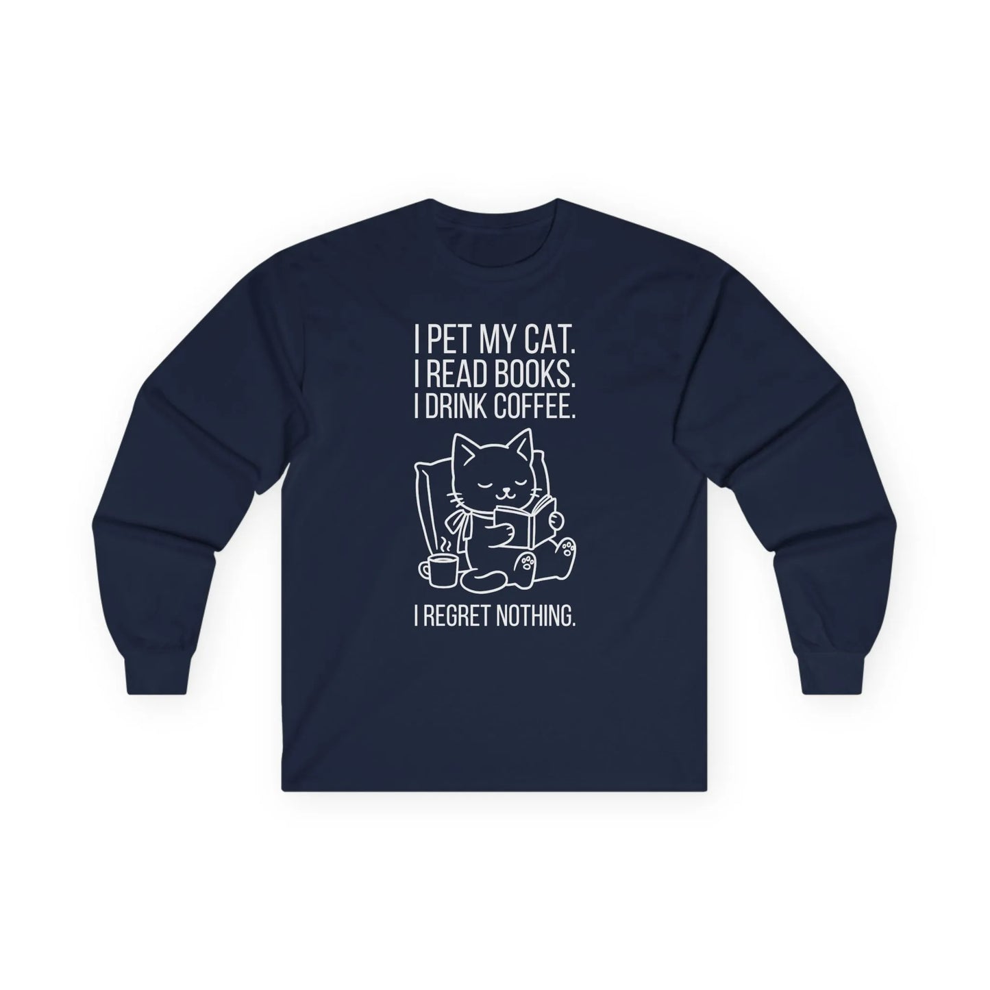 Cat. Books. Coffee. Long Sleeve. Cozy long sleeve shirt featuring a cat design, perfect for book lovers and coffee enthusiasts.
