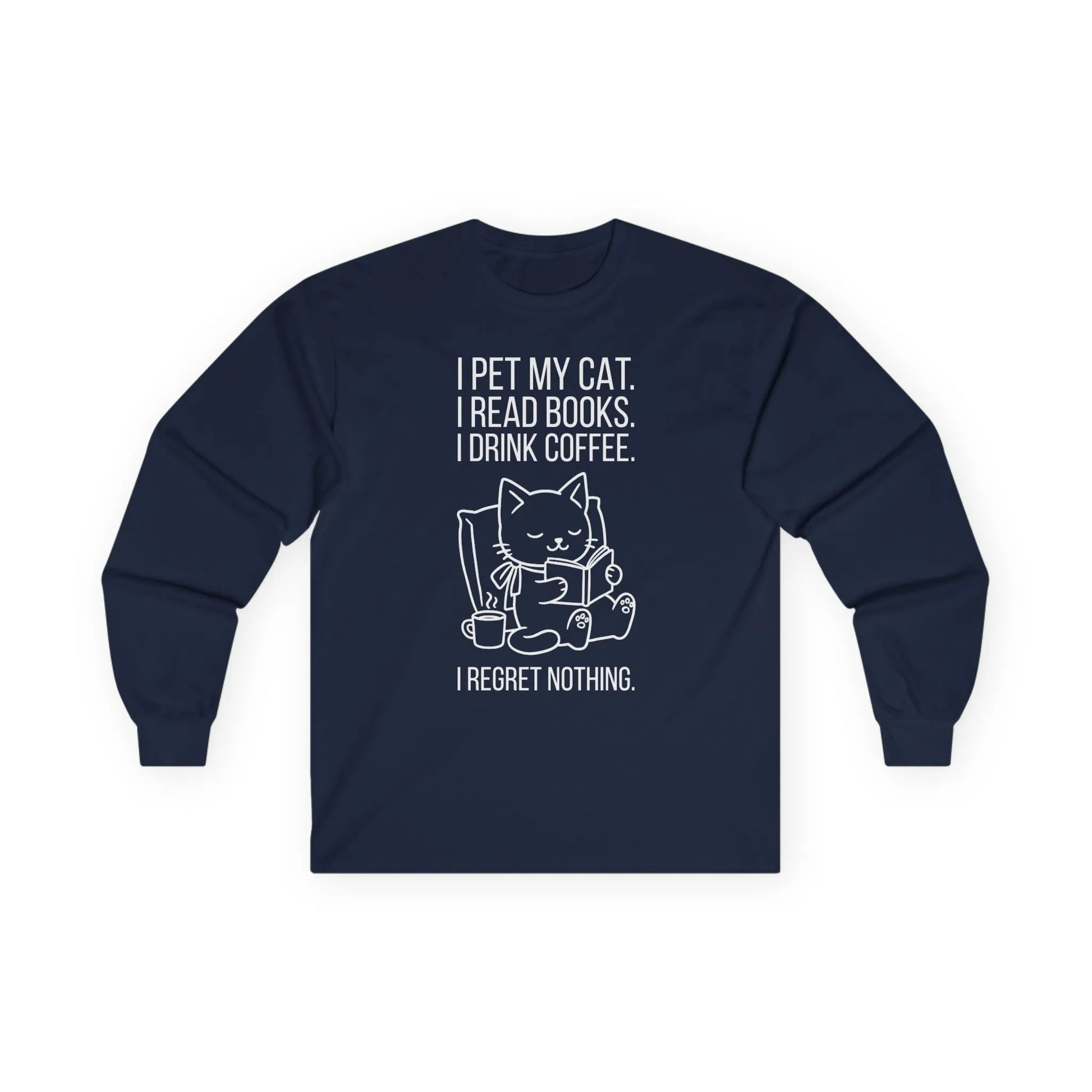 Cat. Books. Coffee. Long Sleeve. Cozy long sleeve shirt featuring a cat design, perfect for book lovers and coffee enthusiasts.