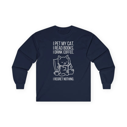 Cat. Books. Coffee. Long Sleeve. Cozy long sleeve shirt featuring a cat design, perfect for book lovers and coffee enthusiasts.