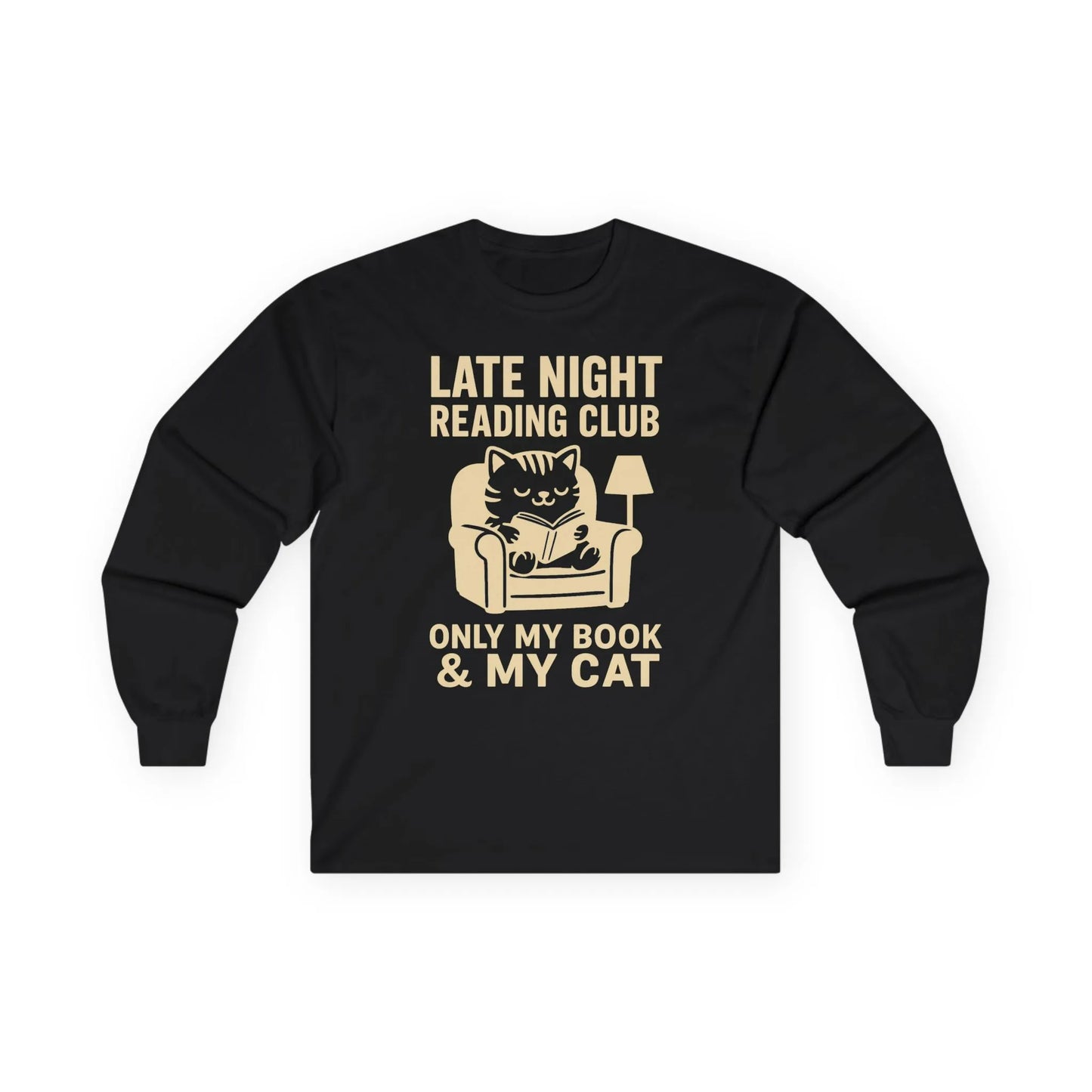 Cozy black long sleeve shirt with a cat and lamp illustration, saying 'Late Night Reading Club - Only My Book & My Cat'.