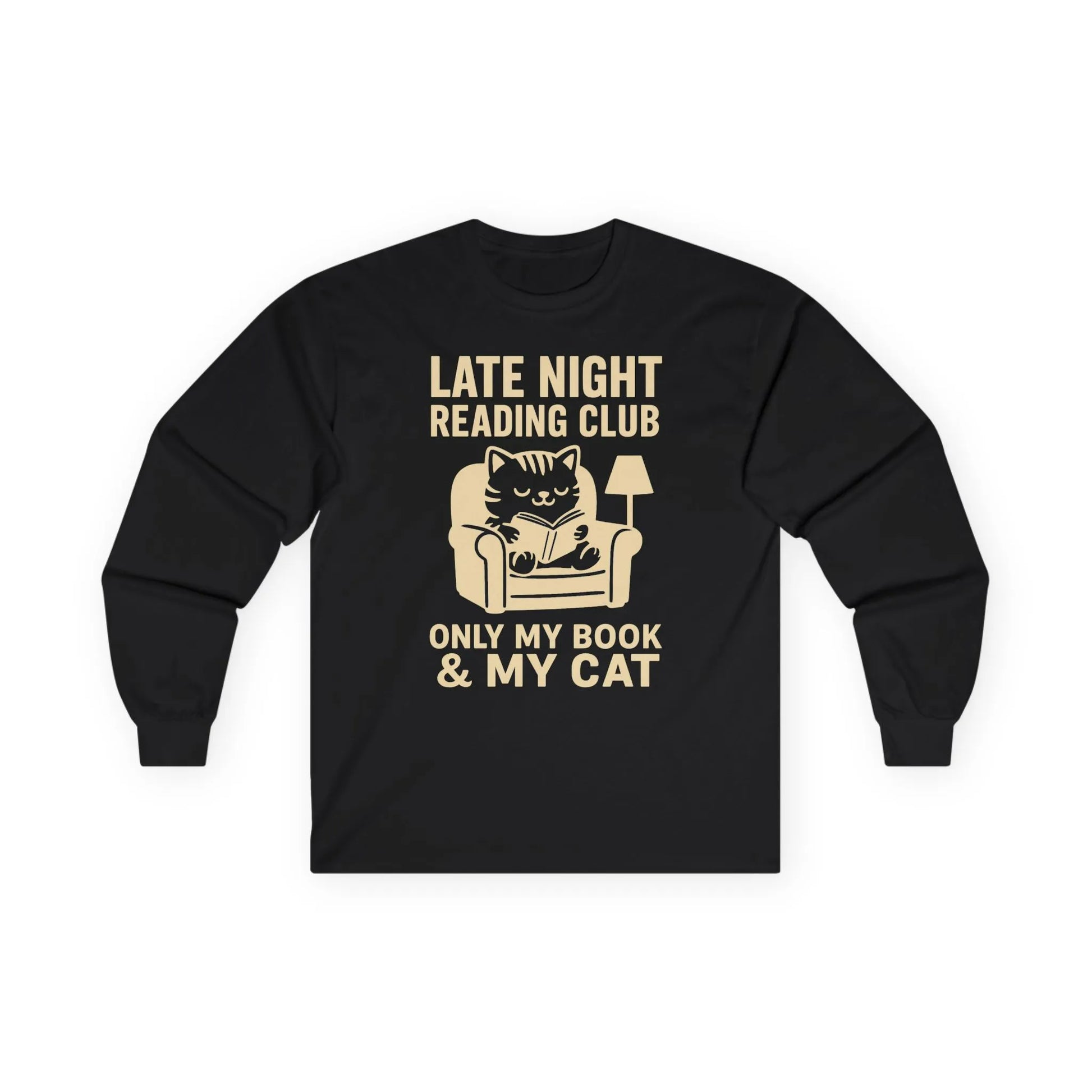 Cozy black long sleeve shirt with a cat and lamp illustration, saying 'Late Night Reading Club - Only My Book & My Cat'.