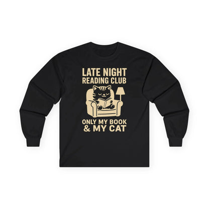 Cozy black long sleeve shirt with a cat and lamp illustration, saying 'Late Night Reading Club - Only My Book & My Cat'.