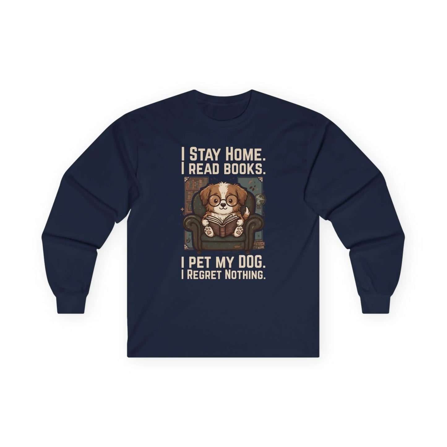 Library Dog Reader Long Sleeve in navy featuring a funny design of a dog reading books, perfect for cozy reading and dog lovers.