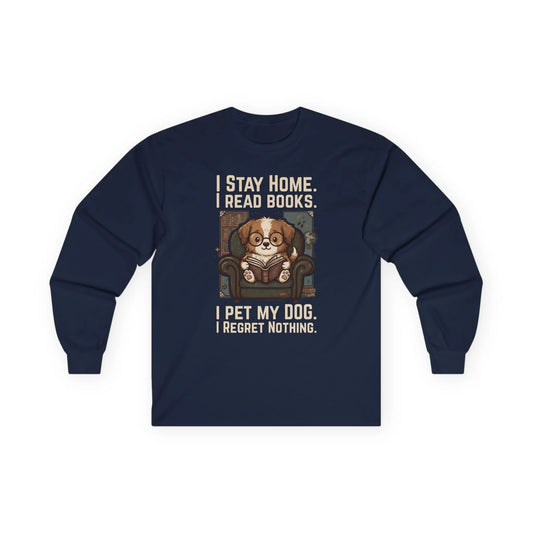 Library Dog Reader Long Sleeve in navy featuring a funny design of a dog reading books, perfect for cozy reading and dog lovers.