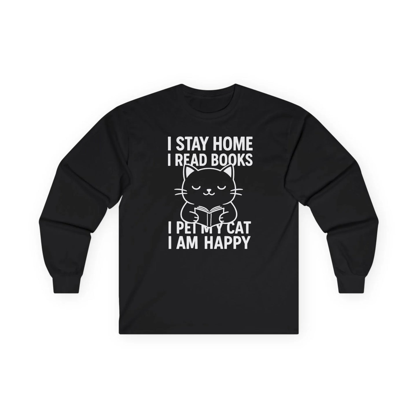 Happy Cat Reader Long Sleeve shirt in black with a cute cat graphic and book-themed text; perfect for book lovers.