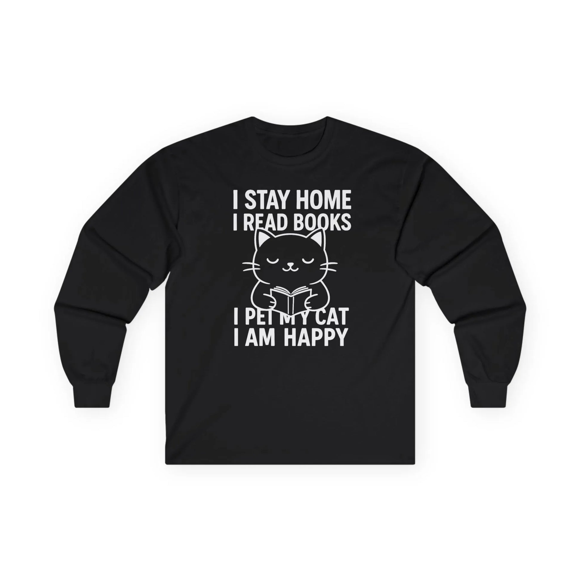 Happy Cat Reader Long Sleeve shirt in black with a cute cat graphic and book-themed text; perfect for book lovers.