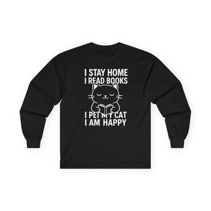 Happy Cat Reader Long Sleeve shirt in black with a cute cat graphic and book-themed text; perfect for book lovers.