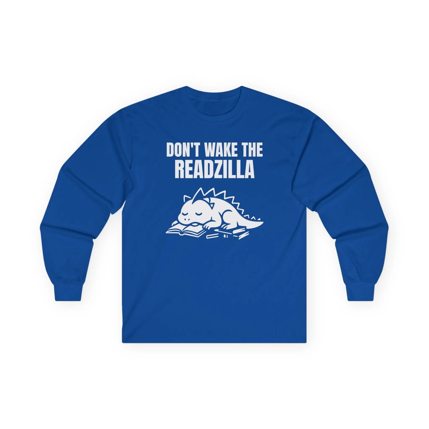 Readzilla Nap Mode Long Sleeve with a sleepy dinosaur graphic and text "Don't Wake the Readzilla" on a cozy blue shirt.