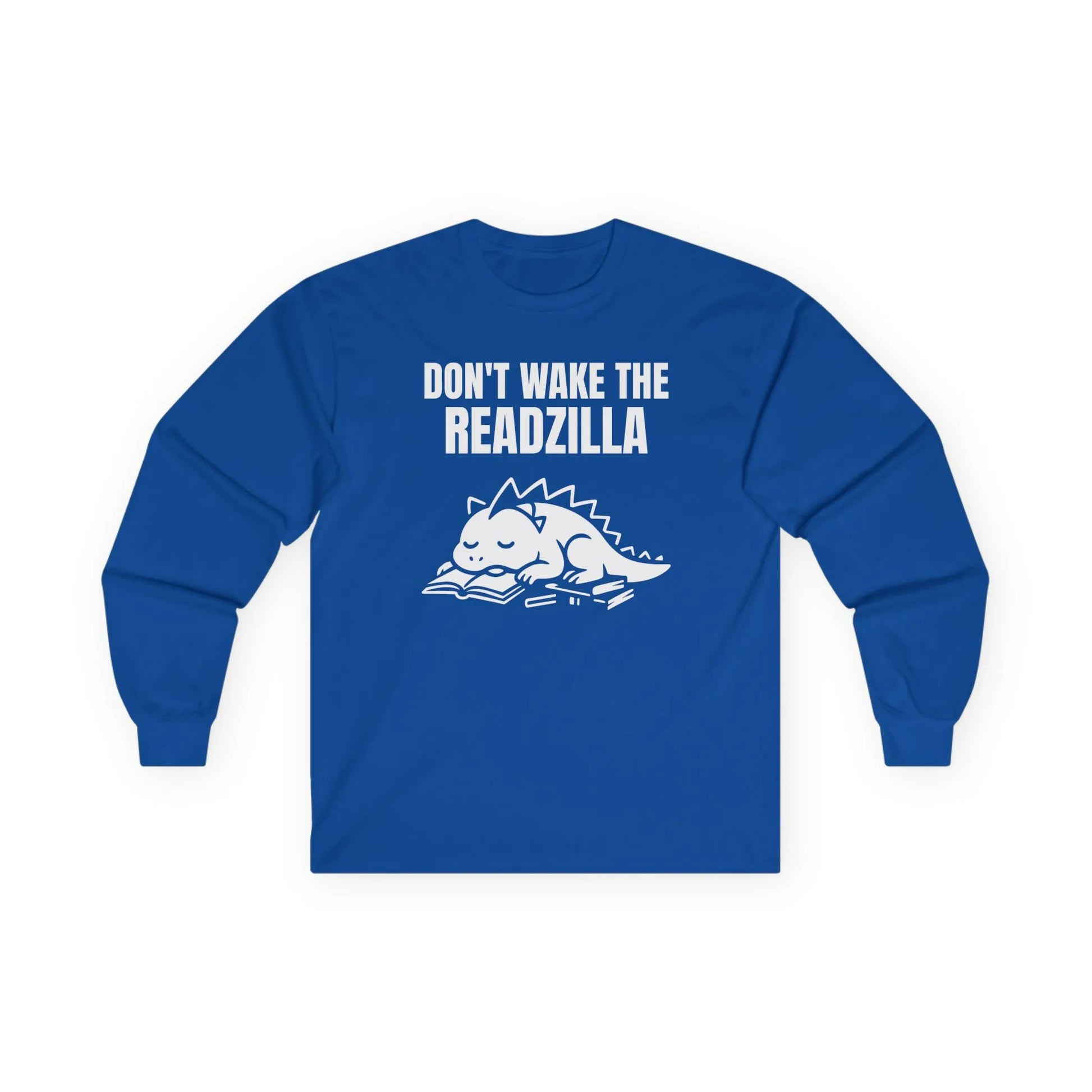 Readzilla Nap Mode Long Sleeve with a sleepy dinosaur graphic and text "Don't Wake the Readzilla" on a cozy blue shirt.
