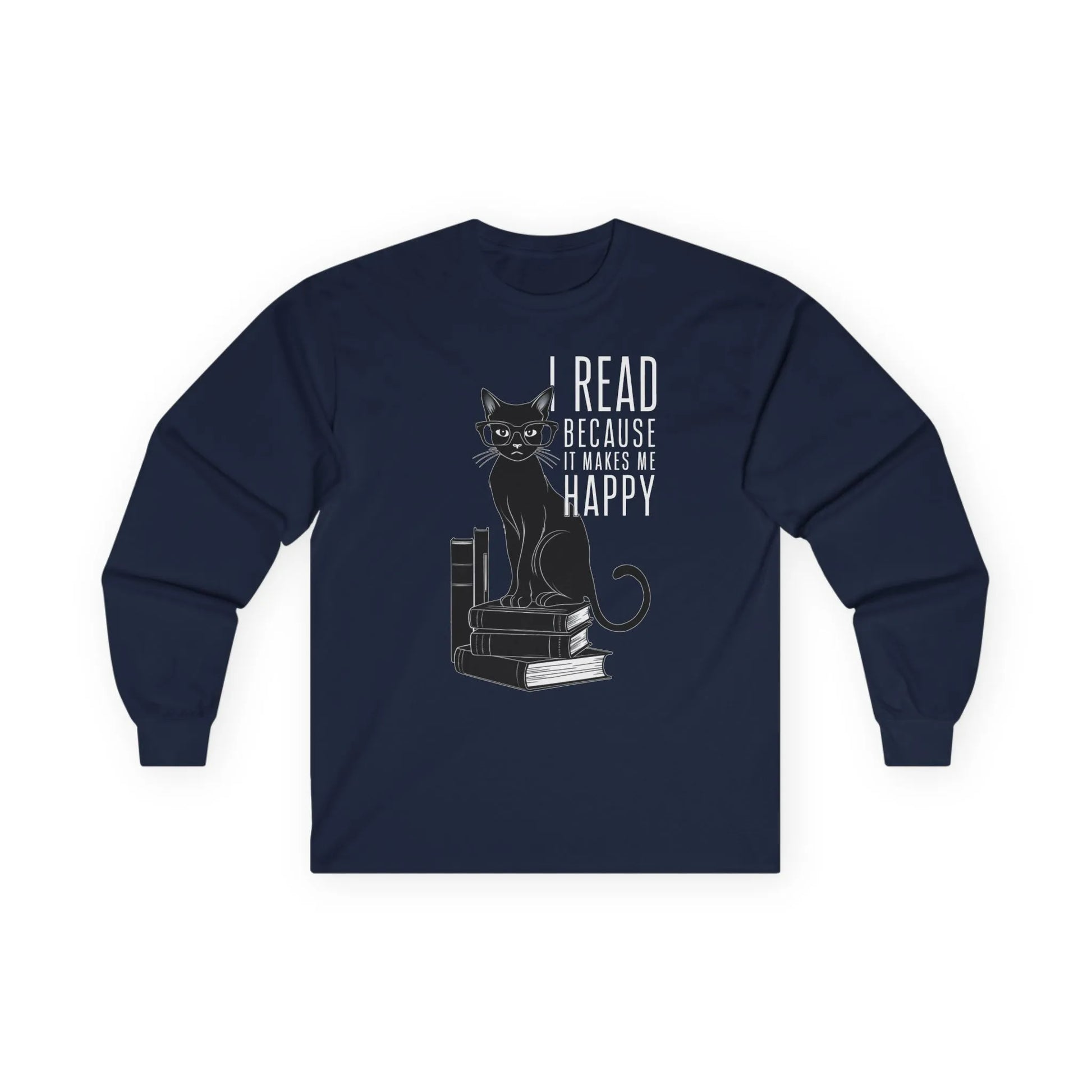 Funny reading tee featuring a black cat on books with the quote 'I read because it makes me happy'. Perfect gift for book lovers.