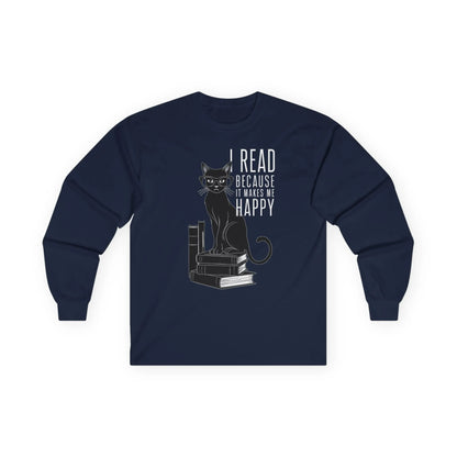 Funny reading tee featuring a black cat on books with the quote 'I read because it makes me happy'. Perfect gift for book lovers.