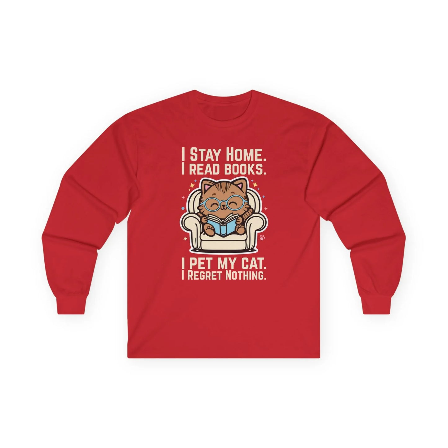 Cozy Starry Cat Reader Long Sleeve shirt with a cute cat reading, saying 'I stay home. I read books. I pet my cat. I regret nothing.' Perfect for book lovers!